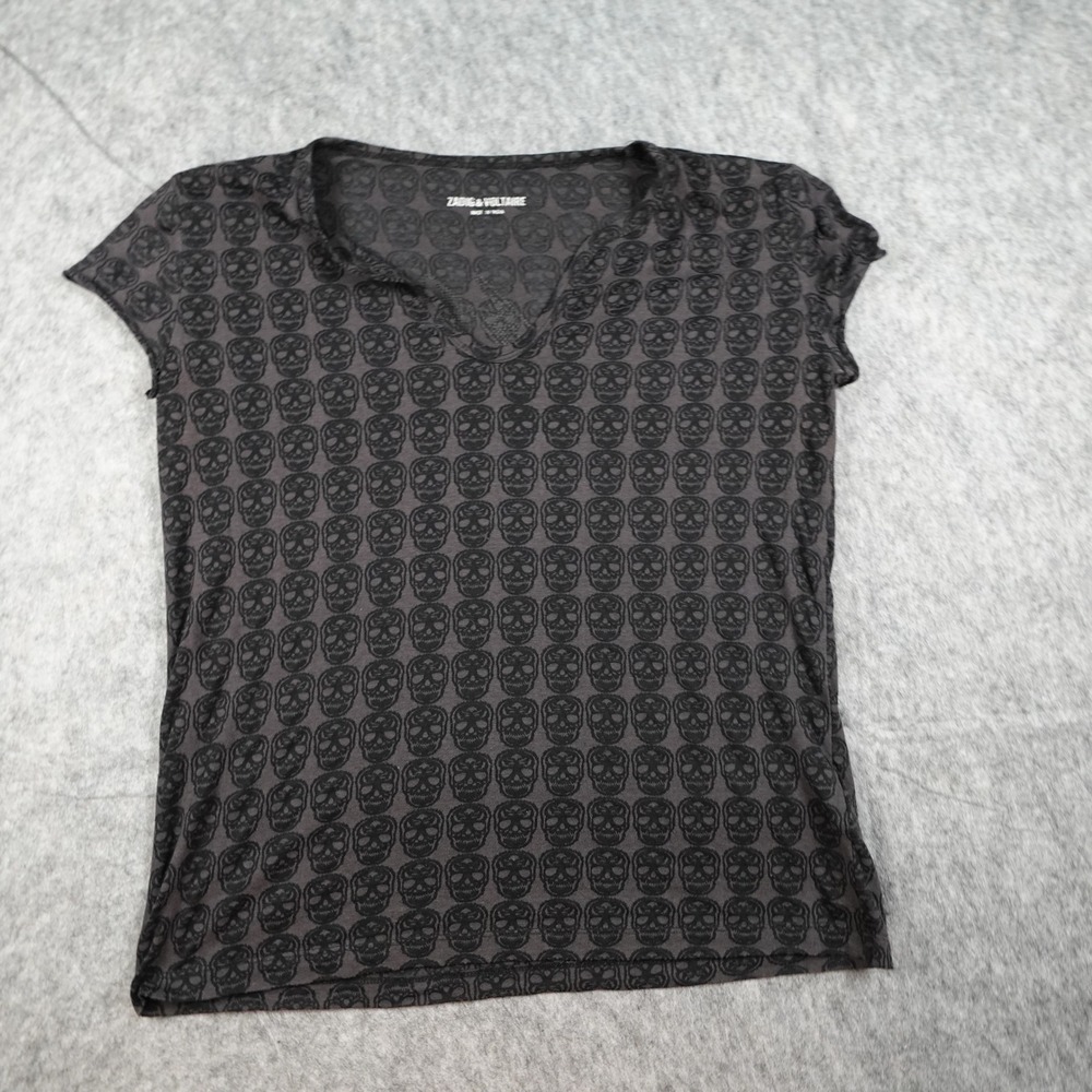 Zadig Voltaire Top Women Black Charcoal All Over Skull Rock Rhinestone Raba Burn